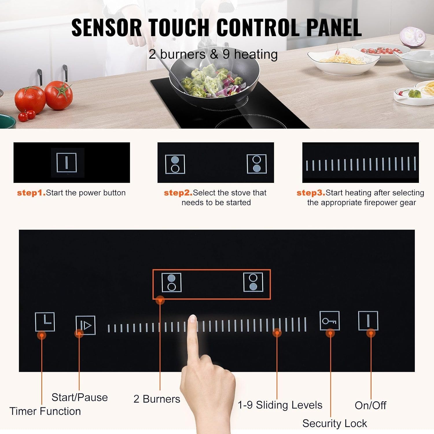 Built in Electric Stove Top, 20 x 11.6 inch 2 Burners, 240V Glass Radiant Cooktop with Sensor Touch Control, Timer & Child Lock Included, 9 Power Levels for Simmer Steam Slow Cook Fry