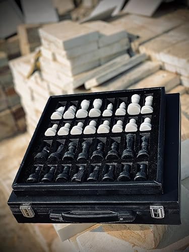 Miniatura 4 de Juego de ajedrez de mármol de 12 pulgadas con piezas talladas a mano, incluye caja de regalo de almacenamiento de piel sintética negra (blanco negro)