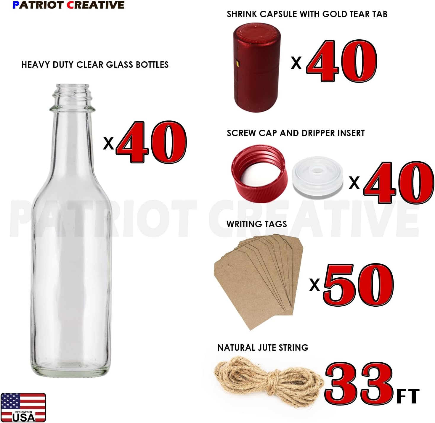 PATRIOT 40 Pack 3oz Hot Sauce Bottles with Lids RED, Glass Woozy Bottles with Dripper Inserts and Shrink Capsules Wine Bottle for Homemade Sauces Oils Vanilla Extracts Dressings (Bonus Tags & Twine)
