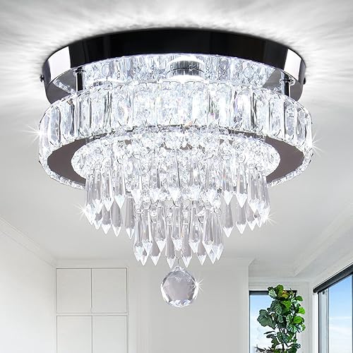 Modern Chandelier 11.8 inch Crystal LED Flush Mount Ceiling Light Fixtures Round Chandeliers for Dining Room Bedroom Living Room Kitchen (6500K Cool White)