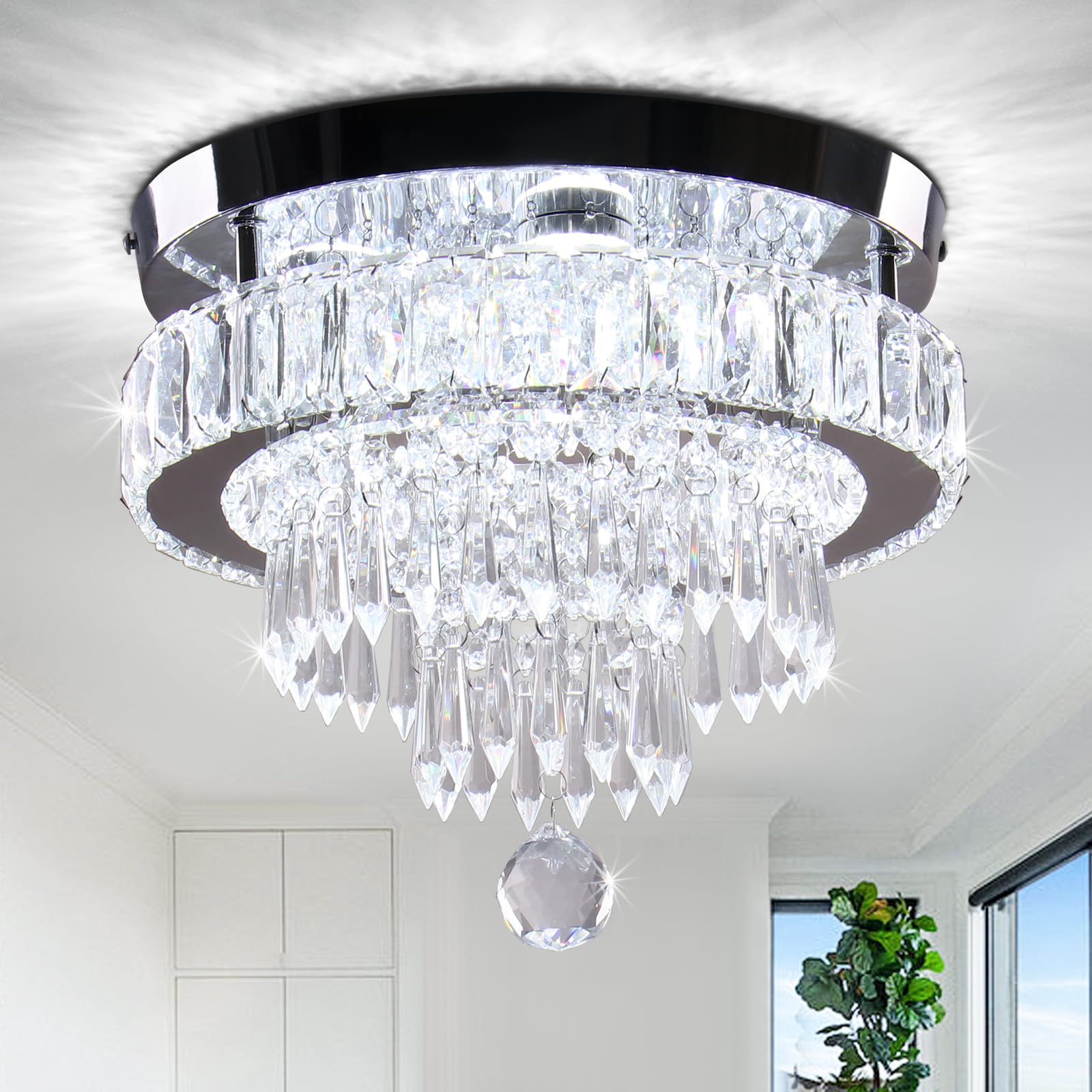 Modern Chandelier 11.8 inch Crystal LED Flush Mount Ceiling Light Fixtures Round Chandeliers for Dining Room Bedroom Living Room Kitchen (6500K Cool White)