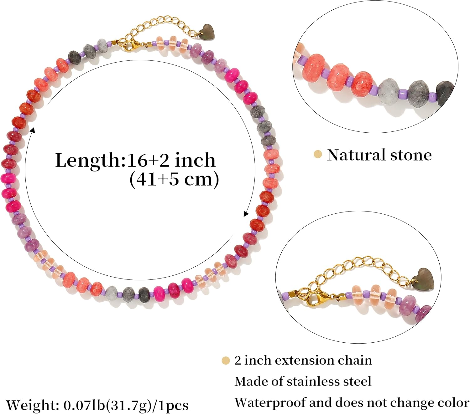 Colorful Gemstone Beaded Necklaces For Women Trendy Rainbow Natural Stone Boho Handmade Stainless Steel Waterproof Strand Necklaces Jewelry For Women Gift - Image 3
