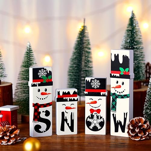 Miniatura 2 de Qunclay 4 piezas de decoración de invierno de madera muñeco de nieve decoración de mesa, letreros de muñeco de nieve de madera, bloques de muñeco de