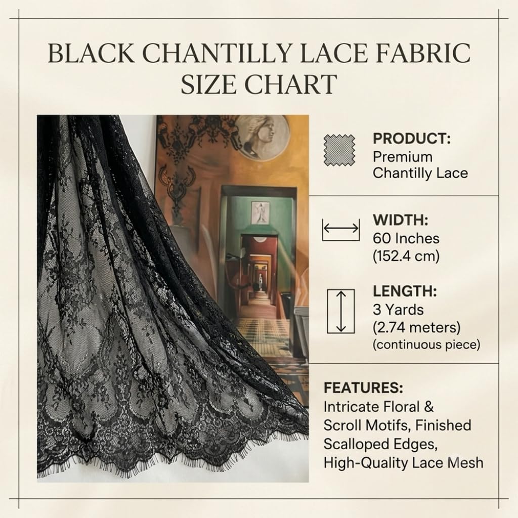 IDONGCAI Black Chantilly Lace Fabric, 60 Inch Wide | 3 Yards, Eyelash Trim
