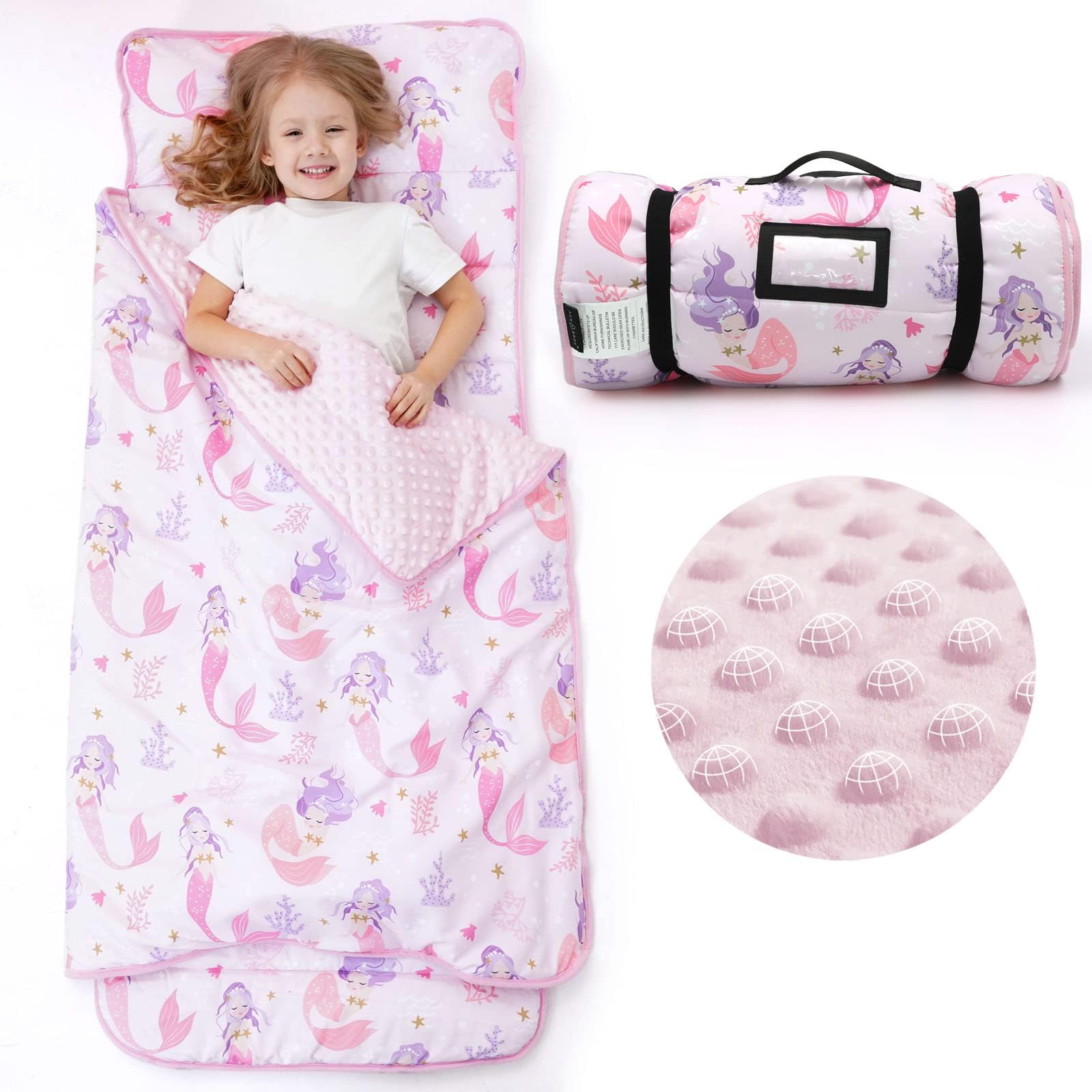 ACRABROS Toddler Nap Mat with Pillow and Blanket, Extra Large Rolled Napping Mats,Slumber Bags for Boys Girls,Kids Sleeping Bag for Daycare, Preschool Travel Camping,Mermaid