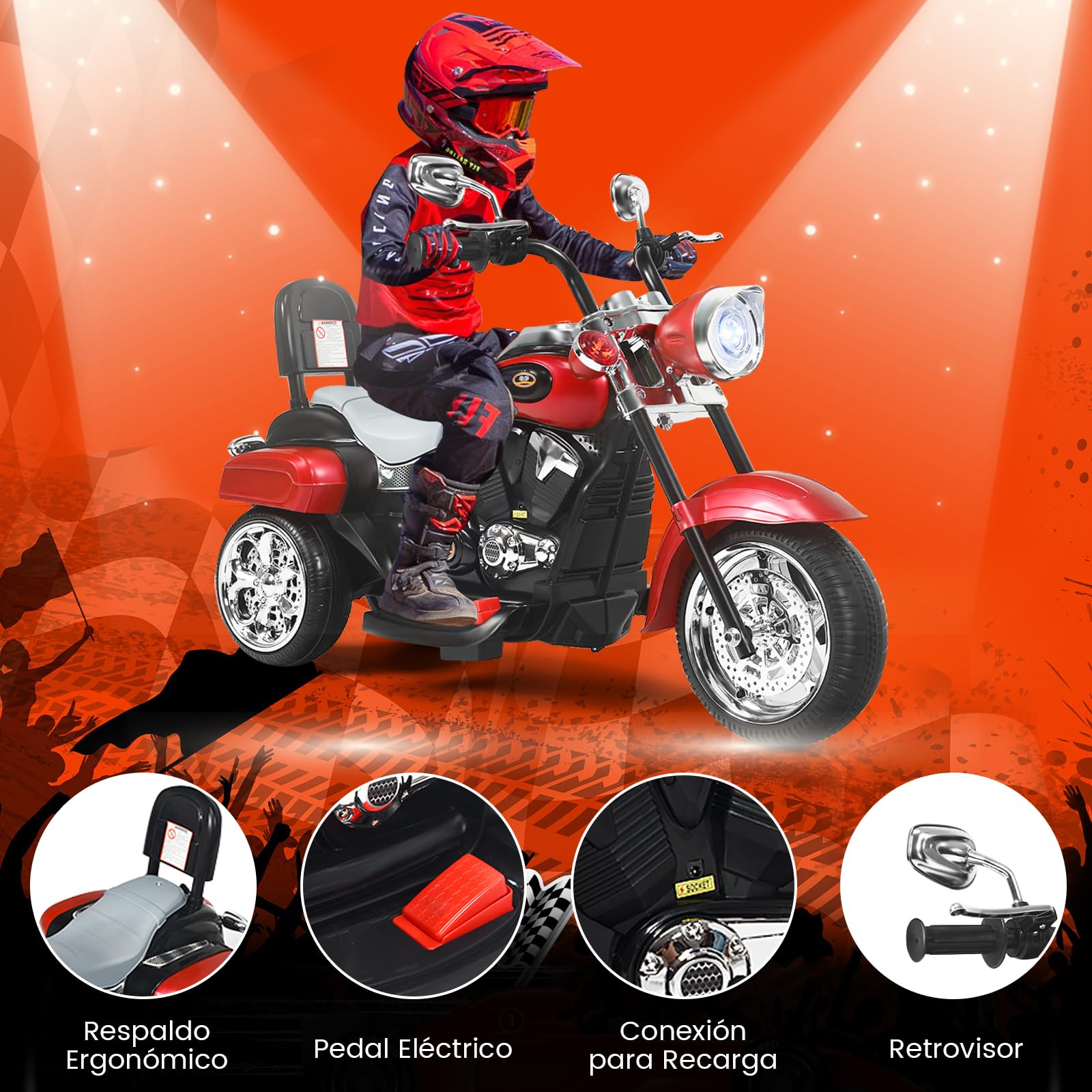 RELAX4LIFE Moto Eléctrica Niños 6V con 3 Ruedas Antideslizantes, Sonidos, Faro, Pedal y Marcha Adelante y Atrás, Moto Electrica Infantil, Coche Eléctrico para Niños de 3+ Años, Carga 30kg (Rojo)