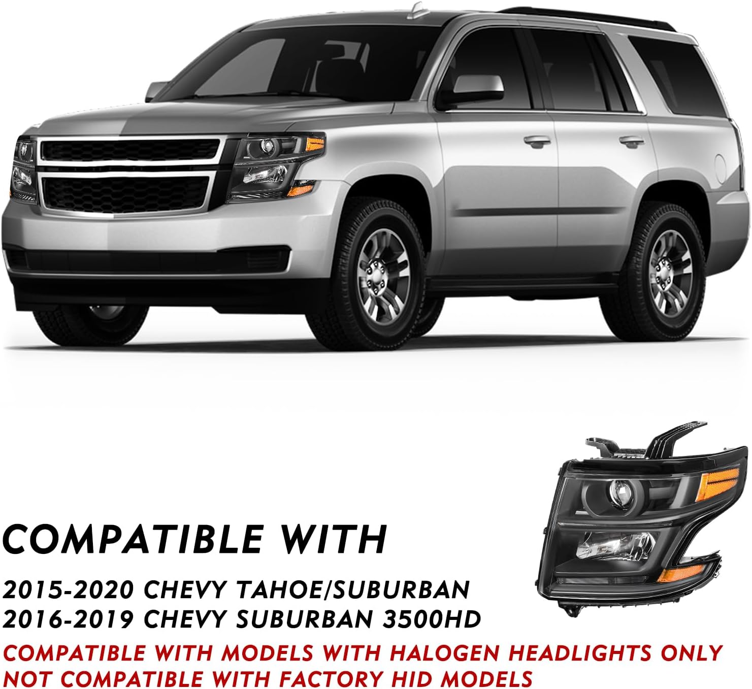 LED DRL Projector Headlights Assembly Compatible with 2015-2020 Chevy Tahoe Suburban Halogen Headlamp w/Bulbs Black Housing Amber Reflector