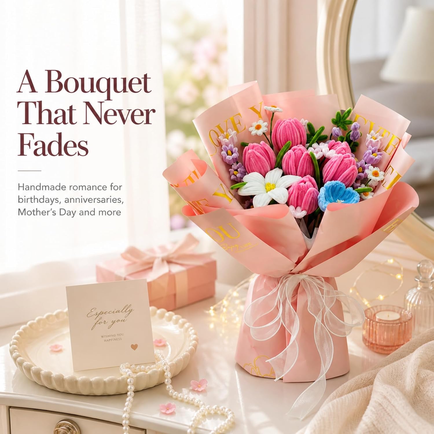 Pipe Cleaner Bouquet Making Kit, DIY Chenille Stem Bouquet Supplies to Create Handmade Pipe Cleaner Tulip, Premium Fuzzy Stick Flower Bouquet Craft Set for Home Decor & Gift Making（No Glue Gun）