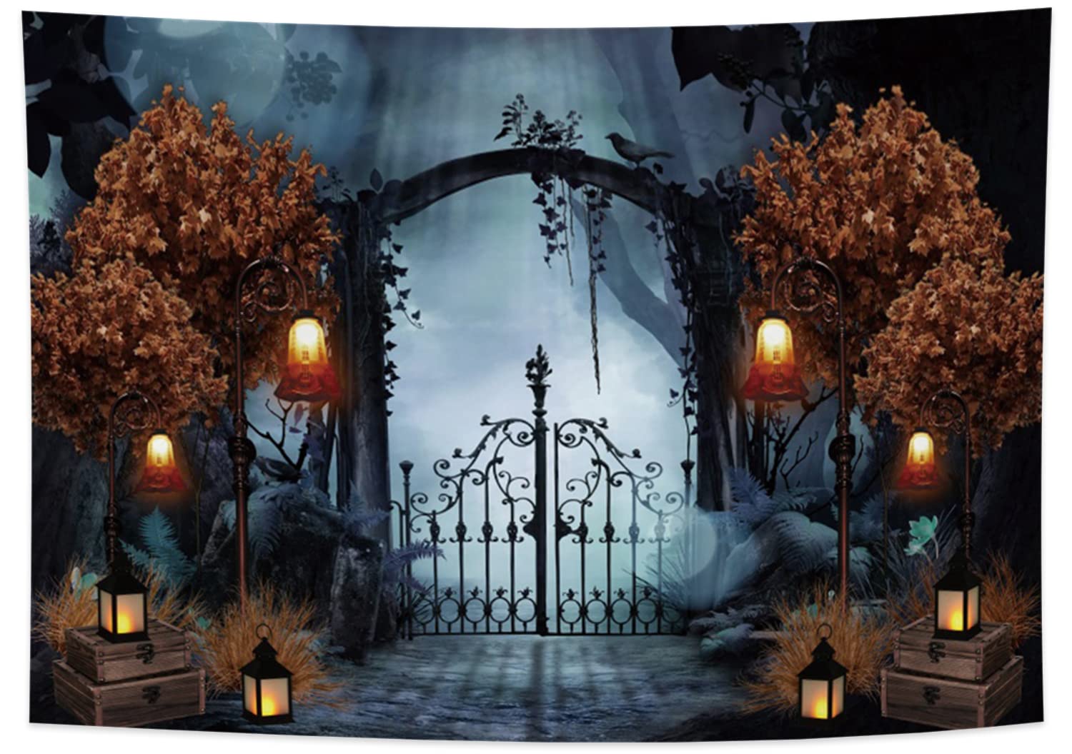 OFILA Durable Fabric Halloween Backdrop 10x8ft Horror Cemetery Iron Gate Scary Halloween Photo Background for Photography Halloween Party Decorations