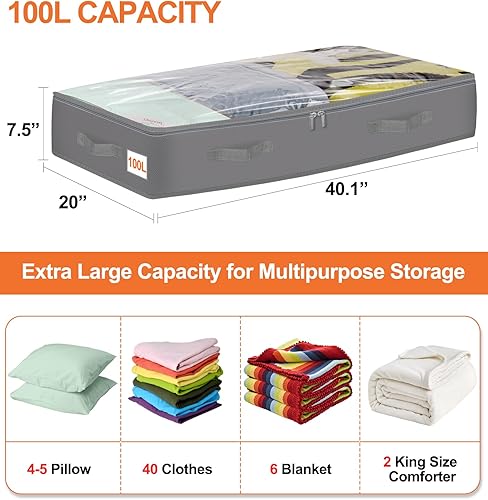 Miniatura 4 de punemi Almacenamiento debajo de la cama con ruedas y divisores ajustables, 31.5 x 17 x 7.9 pulgadas de alto debajo de la cama 50L con ventana