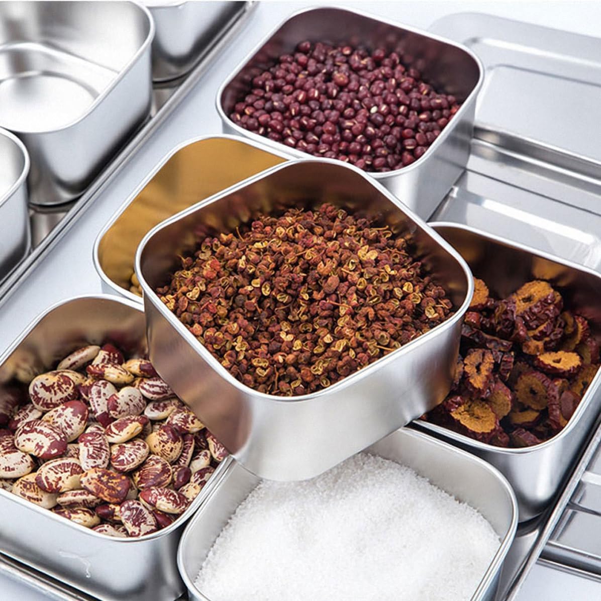 Seasoning Box Stainless Steel with Lid, 6 Compartments Kitchen Storage