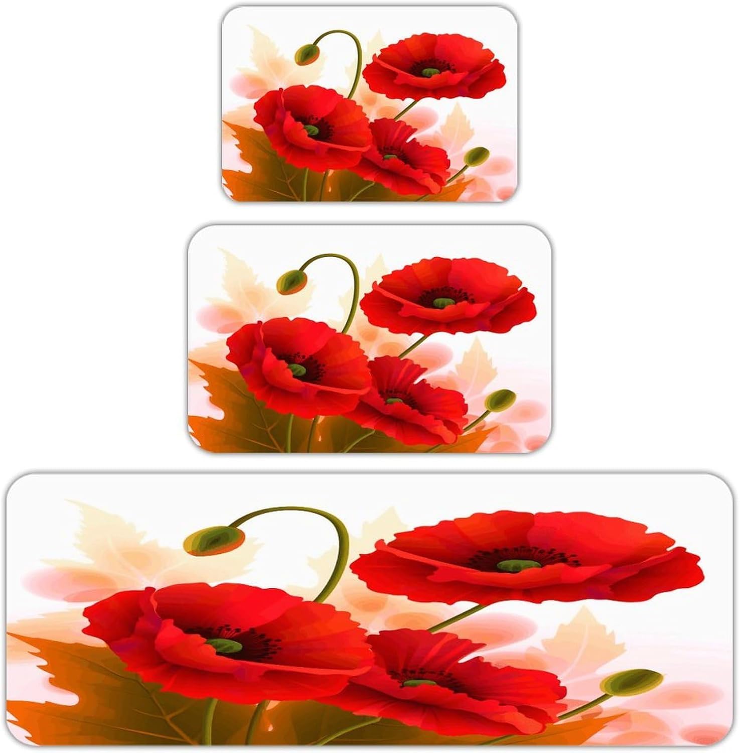 Poppy Flowers Vivid Petals Kitchen Rugs Set of 3 Non Slip Washable Kitchen Mats for Floor Soft Area Rug Kitchen Floor Mat Cushioned Anti Fatigue Mats Standing Sink Mat Decor Runner Rugs