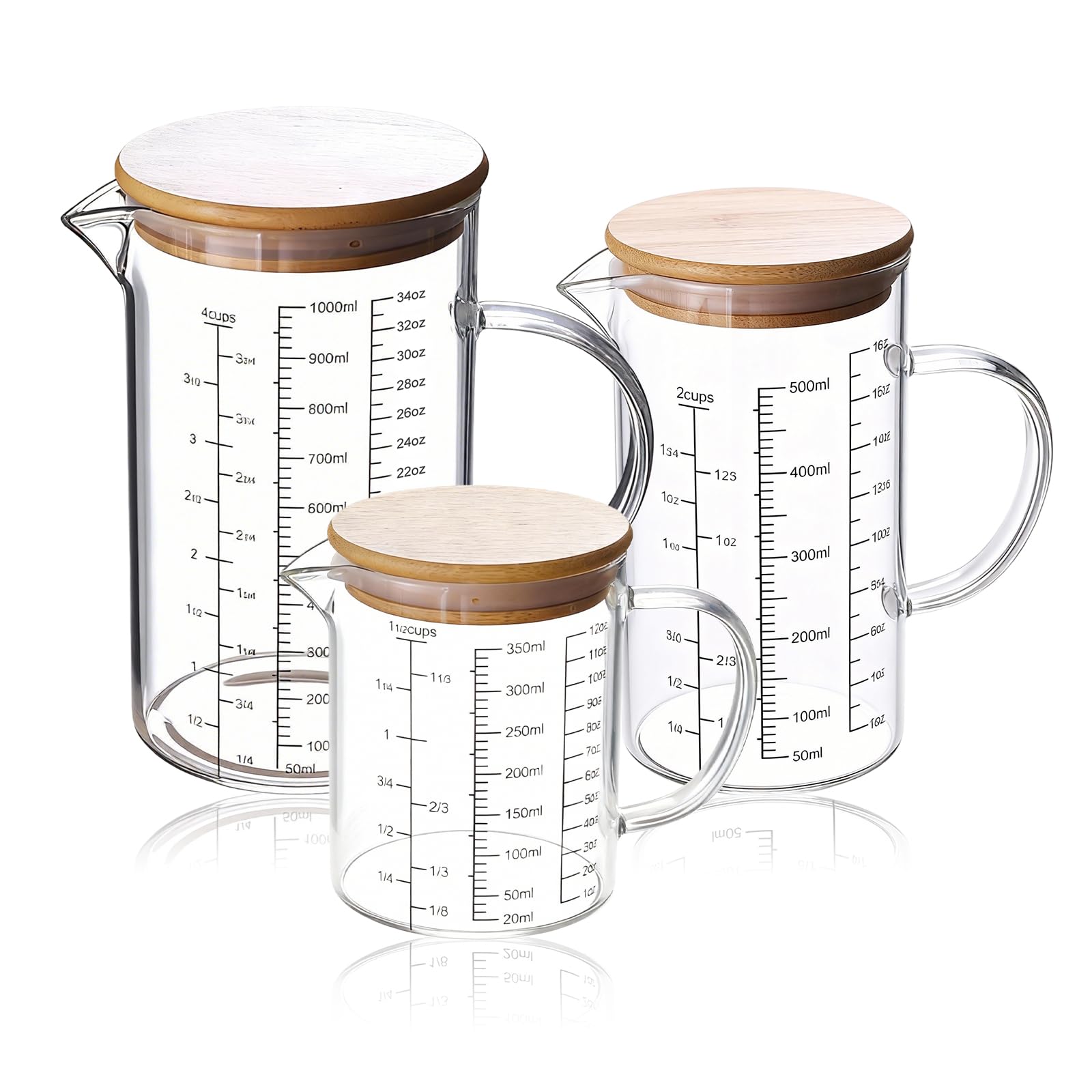 Juego de 3 vasos medidores de cristal con tapa, mango, 350 ml, 500 ml, 1000 ml, tazas de medición de vidrio de borosilicato, resistentes al calor, con escala precisa para cocina y hornear
