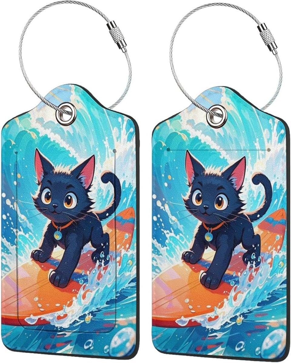 Luggage Tags for Suitcases Cute PU Leather Luggage Tags Surfing Cat Travel Name Tags Baggage Tags for Cruise Ships Airport Travel Essentials 2 Pack