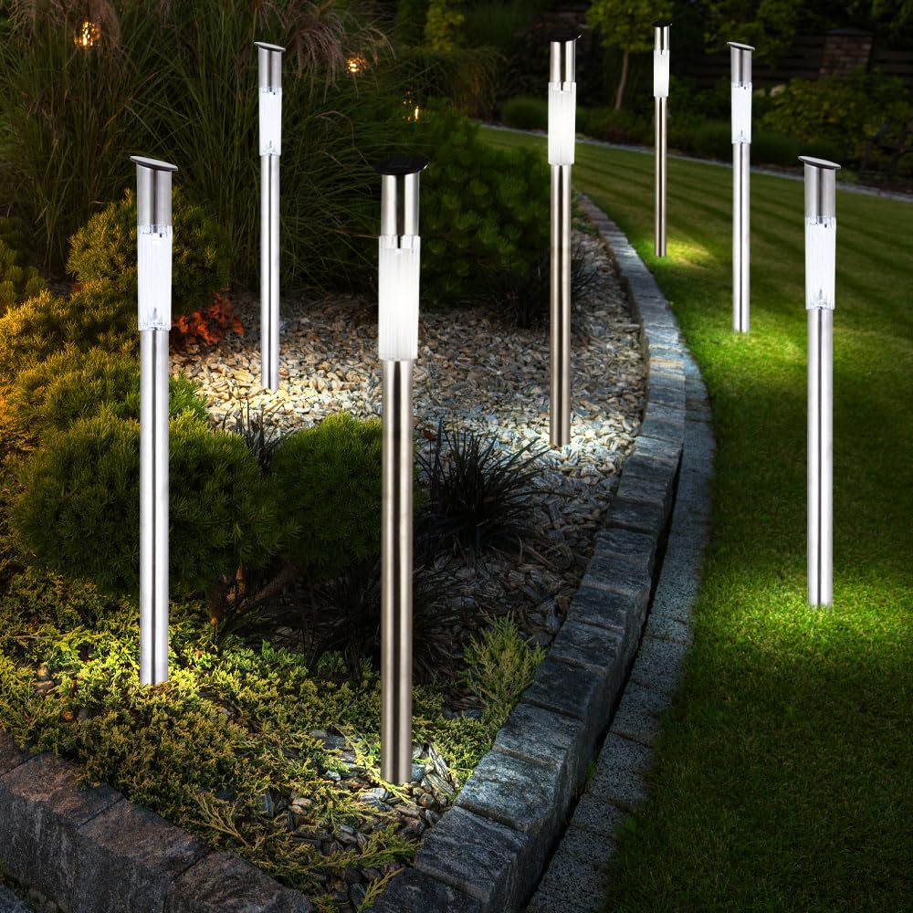 Stecklampe Edelstahl Außenleuchte Stehlampe Solarlampe Wegeleuchte, silber Kunststoff weiß, LED Leuchtmittel, DxH 5x70 cm, 7er Set