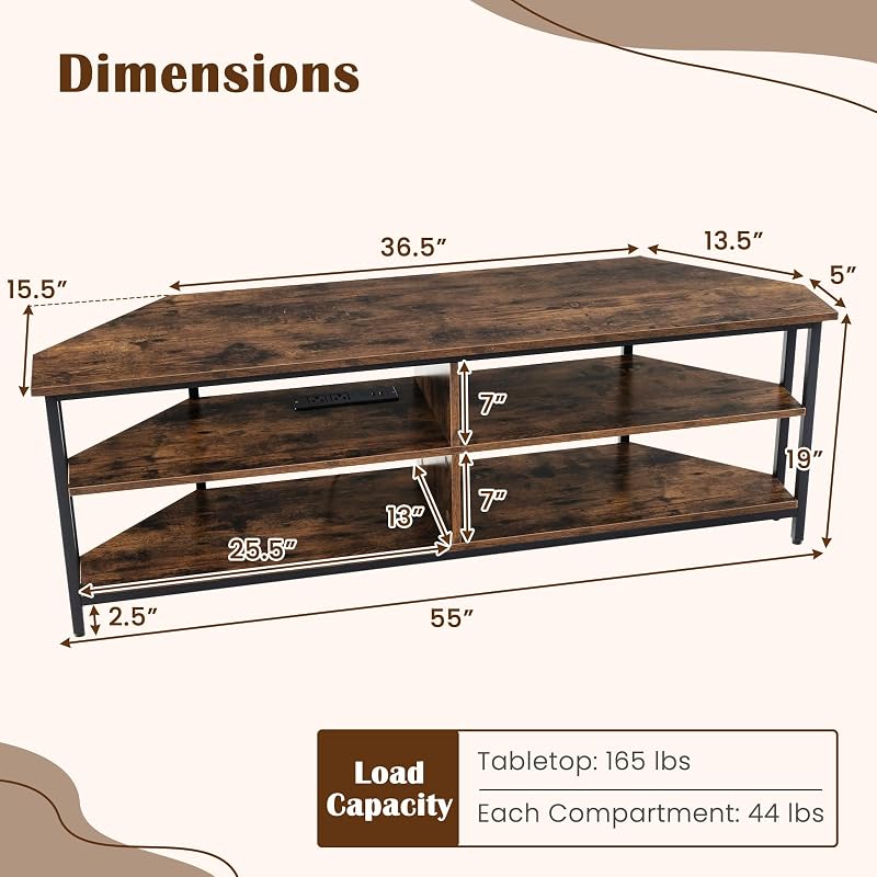 Tangkula Corner TV Stand for TVs up to 65”, TV Console Table w/AC Outlets, USB A Ports, USB C Port, Metal Frame & Storage Shelves, 55” Media Entertainment Center for Living Room (Rustic Brown, 55" L) image 3
