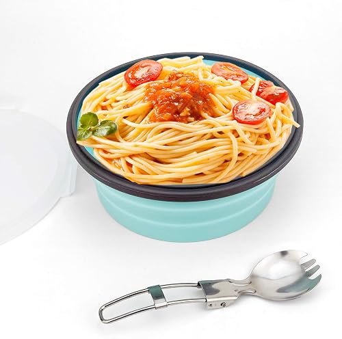 CCyanzi 1200ml Collapsible Camping Bowl Silicone Food Storage Container with Lid and Foldable Stainless Steel Fork Spoon, for Picnic, Travel, Camping, RV, Fridge and Microwave Bowls(Round, Blue)