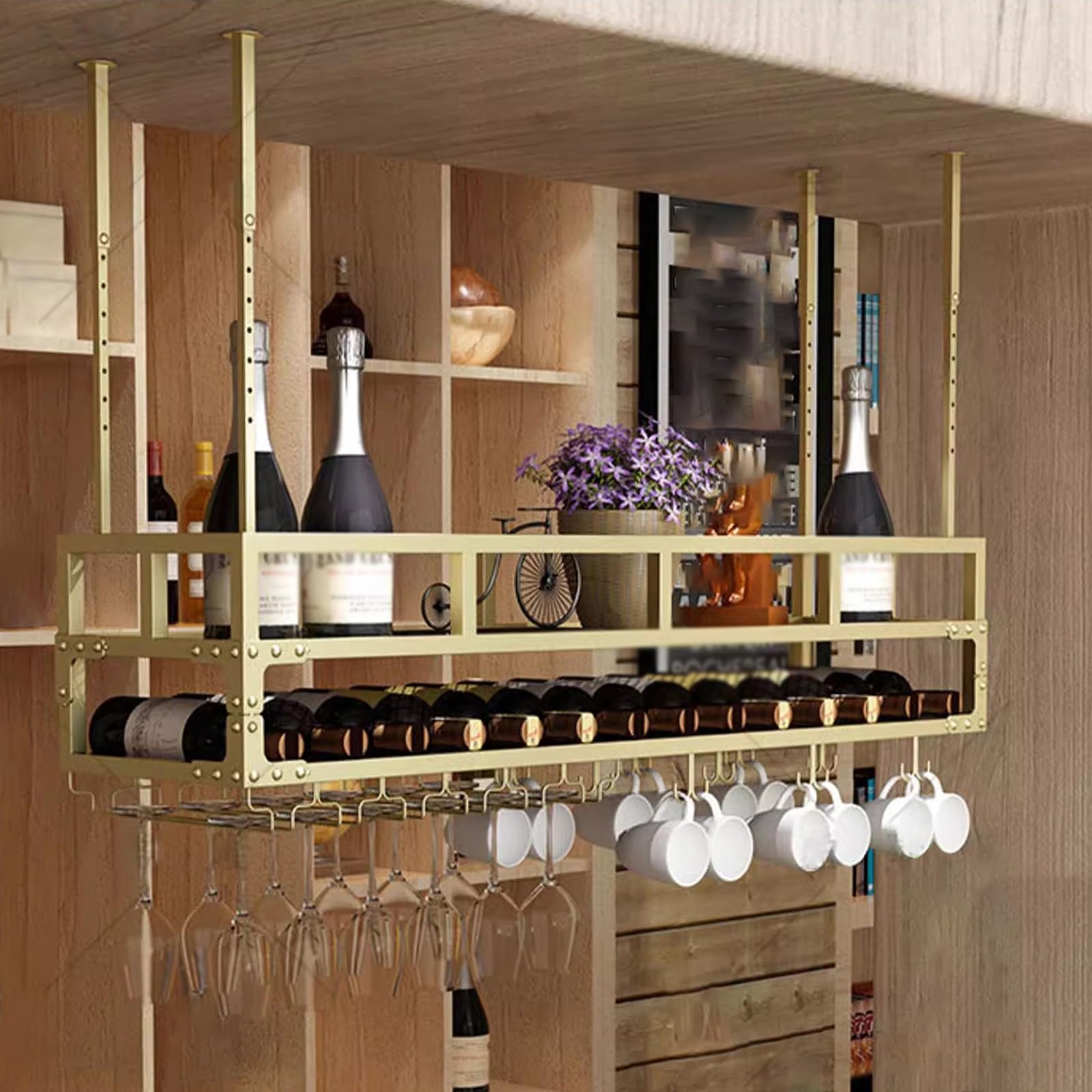 Ceiling Wine Glass Rack Gold Hanging Wine Rack 2-Tier Honeycomb