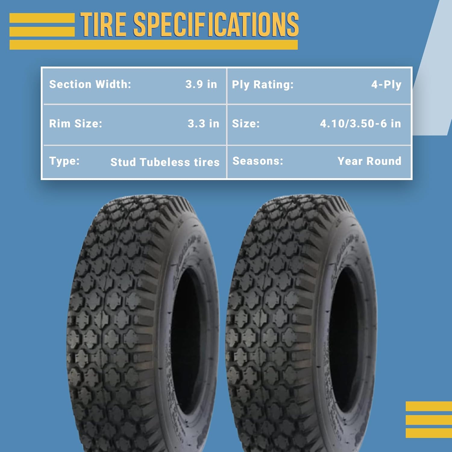 (Two) 4.10/3.50-6 4.10/3.50x6 410/350-6 Stud Tubeless 4 Pr Heavy Duty, Tubeless 4 Pr Heavy Duty Tires - Perfect for Lawn Mowers, Garden Carts, and Utility Applications