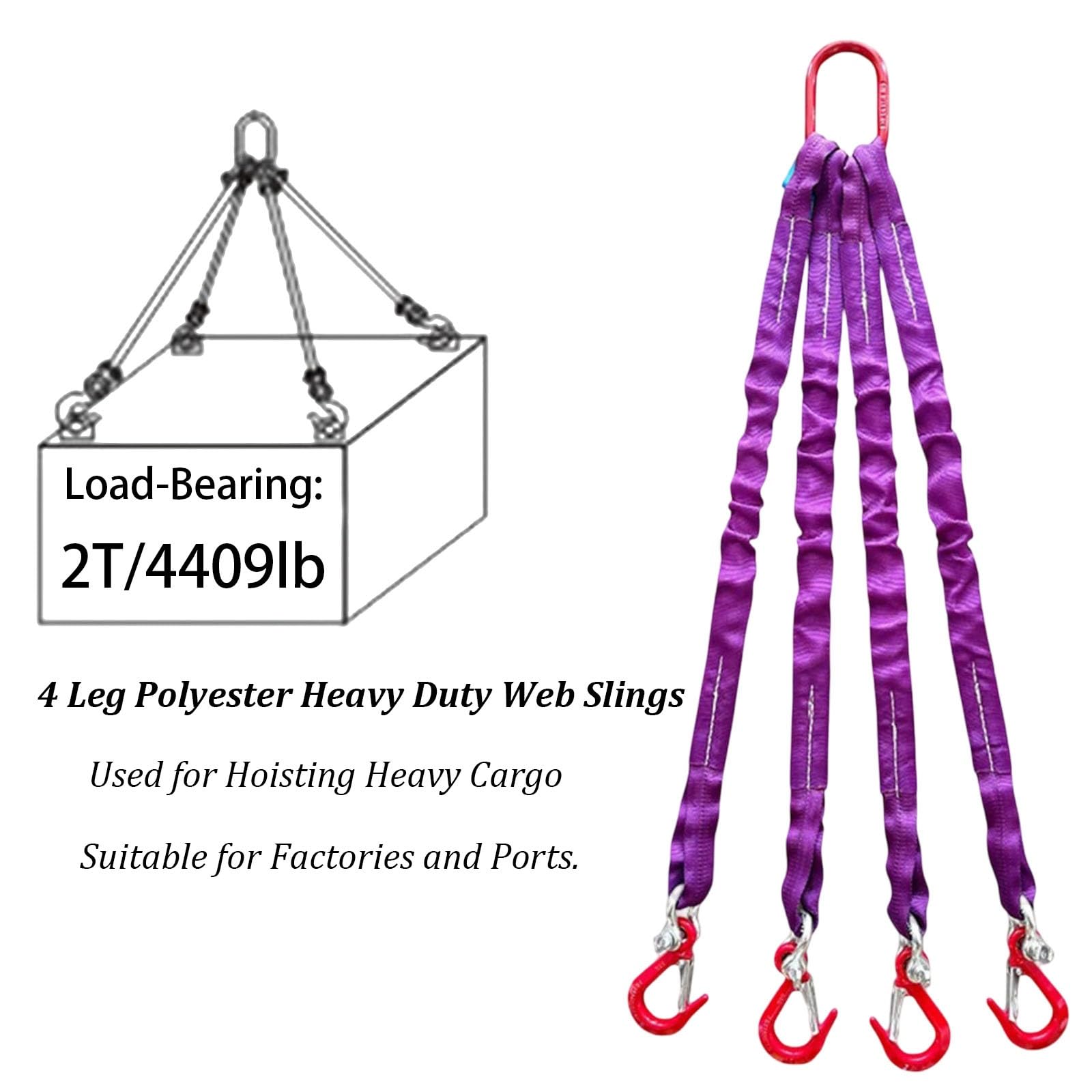 Eslinga de poliéster con 4 Patas y Ganchos de Agarre, Capacidad de Carga de 2T, con Ganchos y Anillas. Eslinga de cincha para Remolque y manipulación Segura de Carga(1.64ft/0.5m)