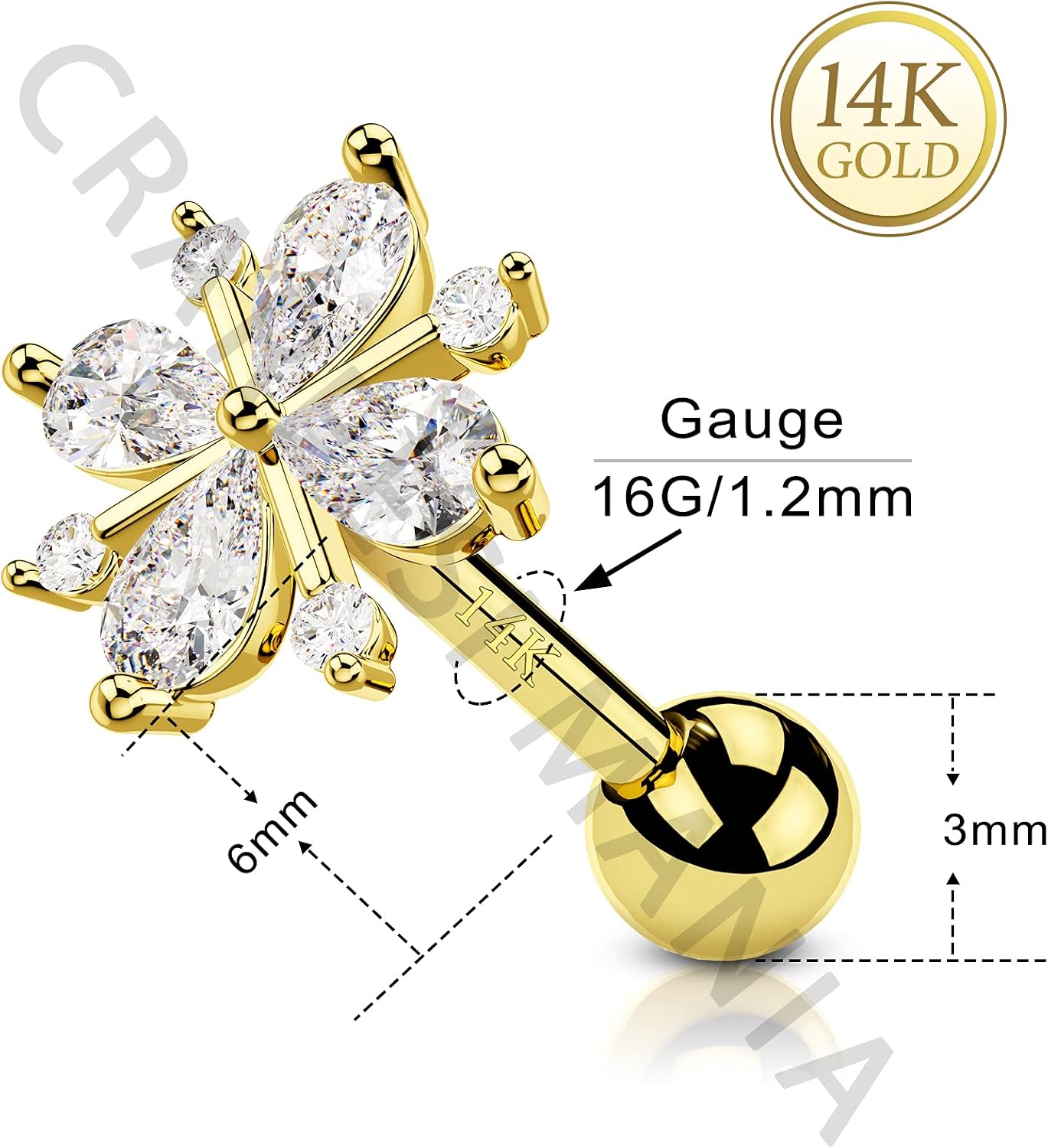 CM Crareesi Mania 14Kt Yellow Gold Tragus Piercing Jewelry 16g Cute Flower Cartilage Earrings 14K Real Gold Helix Piercing Jewelry Clear Cubic Zirconia Forward Helix Earrings