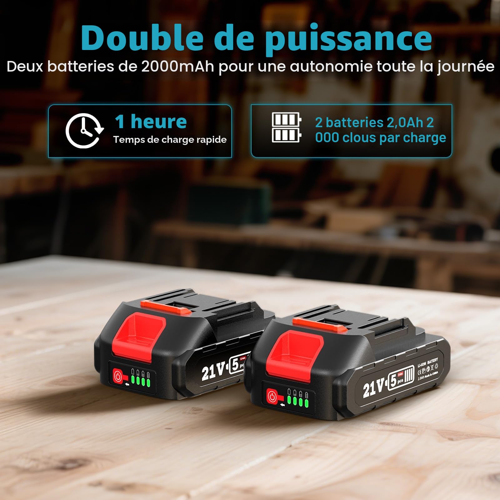 SEESII Cloueur Sans Fil, Cloueur Électrique 18 Gauge avec 2 Batteries 2.0Ah et 1000 Clous/Agrafes, Profondeur de Clouage Réglable, Cloueur-Agrafeuse 2 en 1 pour Tapisserie et Travail du Bois