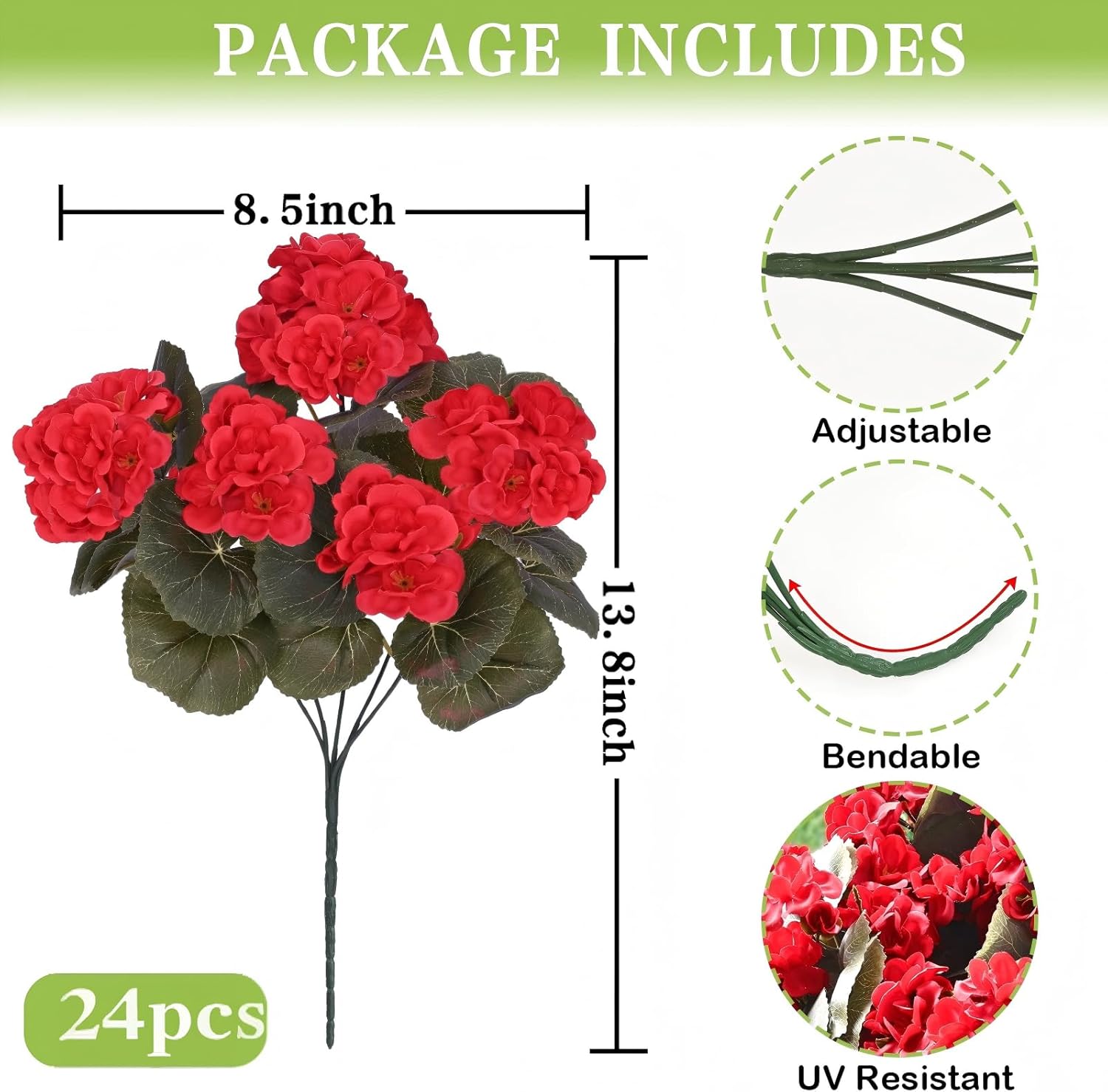 Waipfaru 24 Pcs Artificial Flowers for Outdoors, UV Resistant Faux Flowers for Outdoor Planters, Silk Geraniums Bouquet Red Spring Artificial Plants for Garden Porch Patio Balcony Yard Decoration