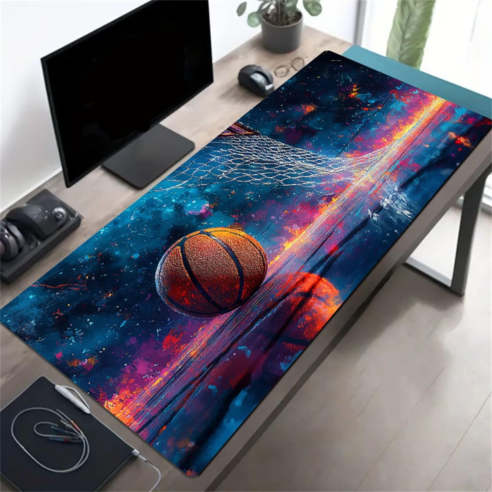 Alfombrilla de Ratón XXL 1000x500x2mm, Alfombrilla de Escritorio Grande Baloncesto Colorido, Mouse Pad Gaming Antideslizante con Bordes Cosidos para Teclado, PC y Oficina