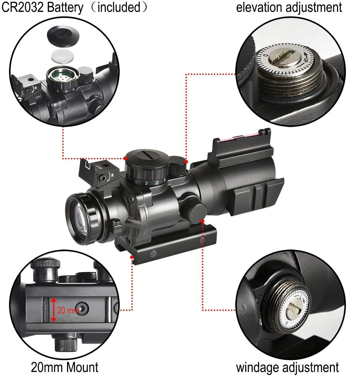 UUQ Prism 4x32 Red Green Blue Triple Illuminated Rapid Range Reticle Rifle Scope W Top Fiber Optic Sight and Weaver Slots Image