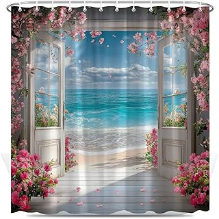 Beach Ocean Coastal Shower Curtain Blue Sea Beachy Barn Door Rustic Flowers Floral Hawaiian Nature Pretty Scenery Retro Seaside Bathroom Decor Set Polyester Fabric with Hooks 80X70 Inch