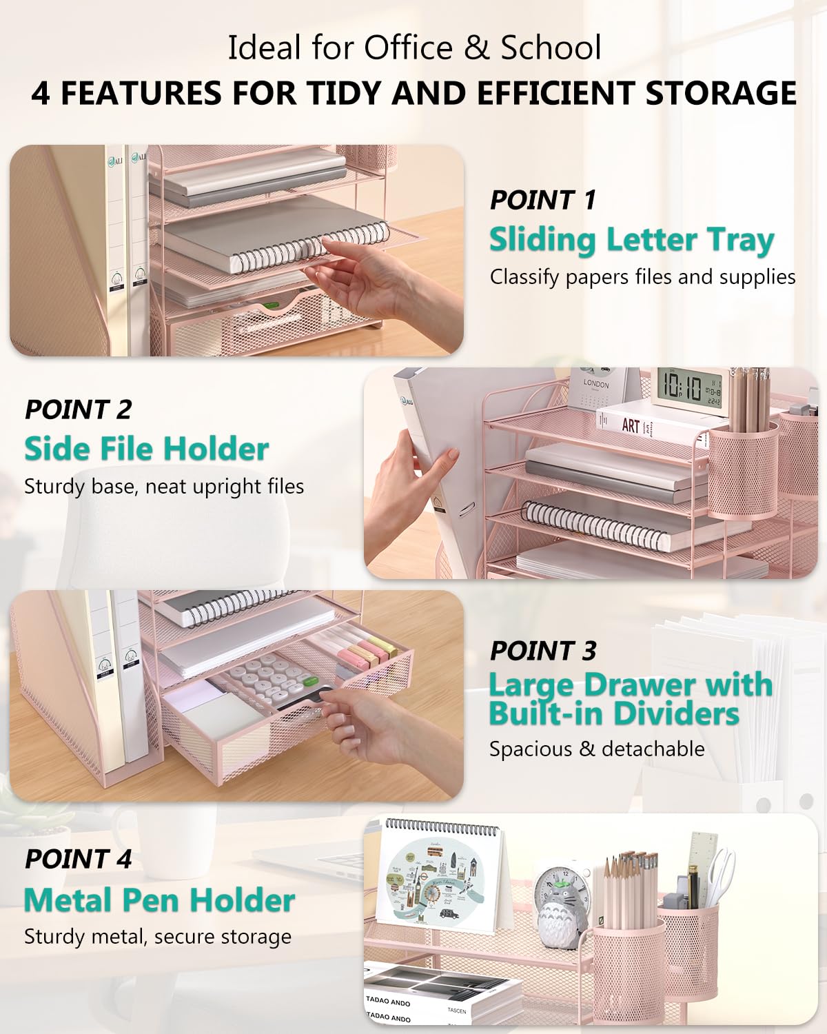 WALI Desk File Organizer, 5 Tier Desktop Paper Letter Tray Organizer with Drawer and 2 Pen Holders, Office Desk Accessories & Workspace Organizers for Office, Home Supplies(DO006DH-P), 1 Pack, Pink view 4
