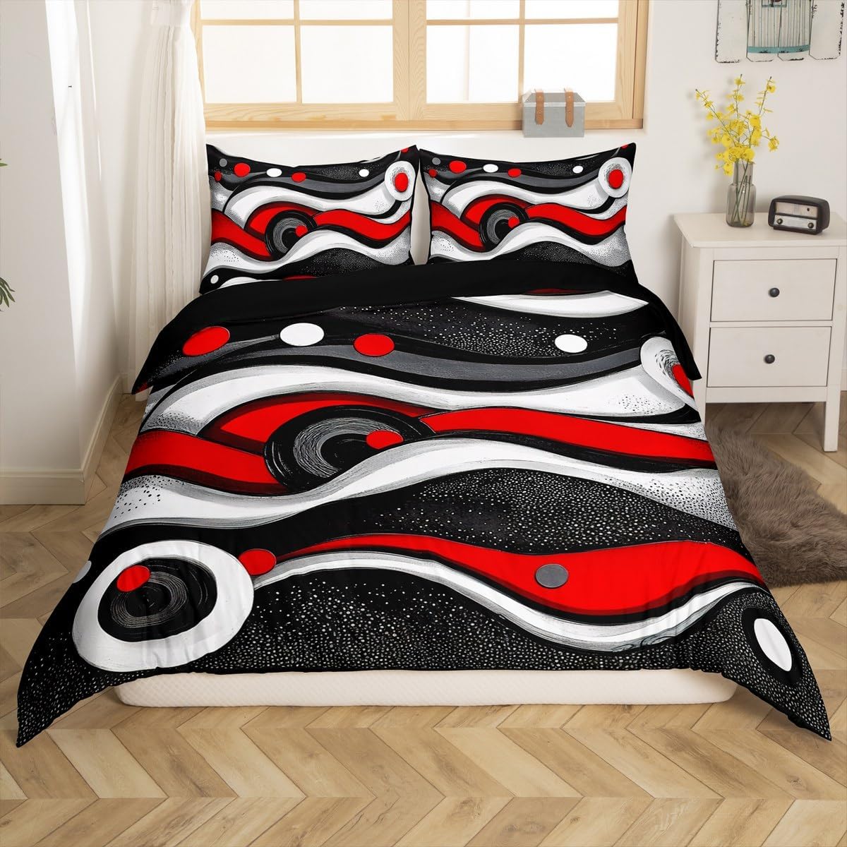 jejeloiu Boys Girls Red Black Gray Bedding Set Toddler Size, Duvet Cover Kids Geometric Round Ball Comforter Cover Teens Bedroom Decor Quilt Cover 2Pcs (No Comforter)