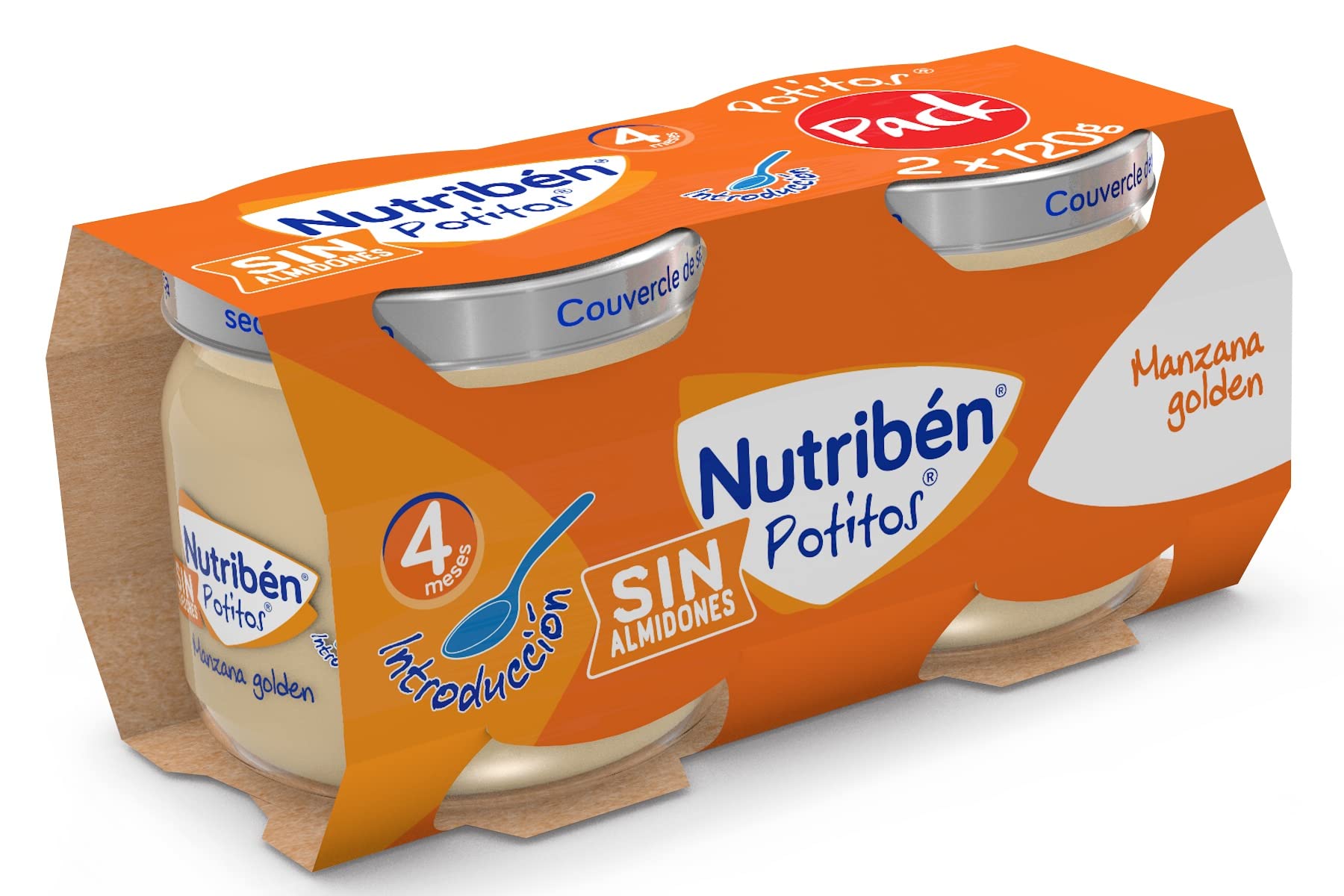 Nutribén Potitos | Tarrito de Introducción de Manzana Golden | Para Bebés a partir de 4 Meses | Sin Azúcares Añadidos | Sin Gluten, Sin huevo, Sin Leche | 3 Pack de 2 Unidades de 120g por Tarrito