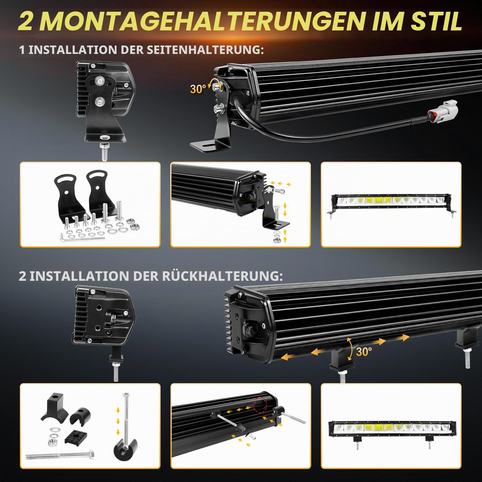 RIGIDON 23 Zoll 60 cm 80W 8000lm alu led lichtleiste mit 12v kabelbaum kit | außen, bernstein DRL, wasserdicht, 6000K weiß, offroad beleuchtung, lightbar, für auto ATV LKW KFZ SUV traktor fahrzeuge 4x4
