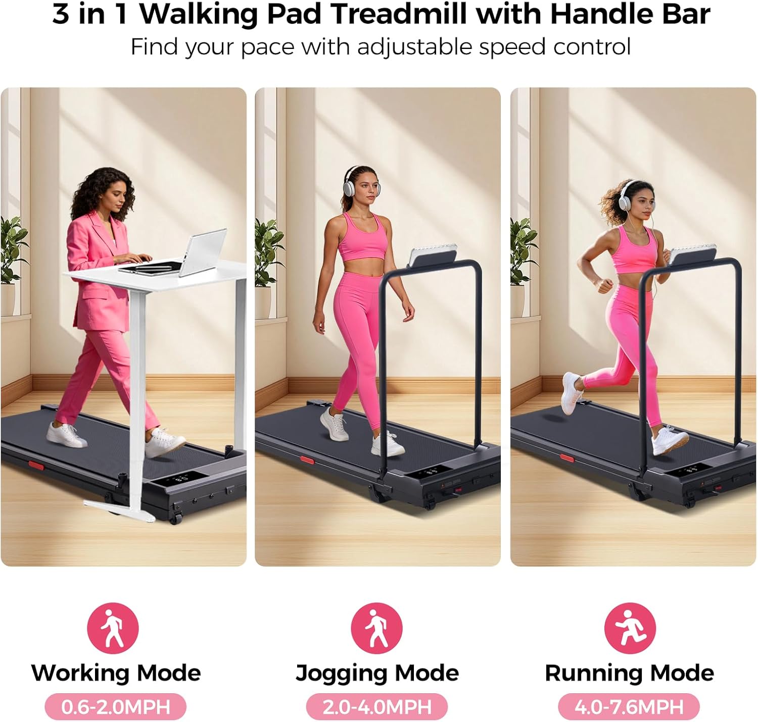 Walking Pad with Handle Bar, 2026 Upgrade Small Walking Pad Treadmill for Home, 3.0HP Portable Under Desk Treadmill with Handles for Home Small, 0.6-7.6MPH, 350LBS - Image 2