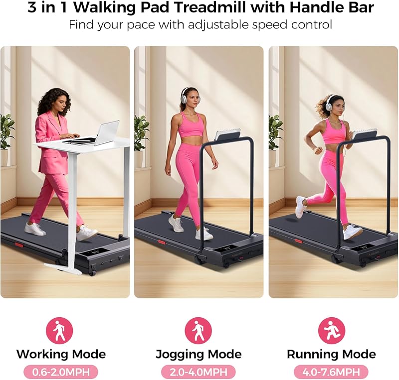 HevGlrm Portable Walking Pad Treadmill for Home, Treadmills with Handle Bar image 2