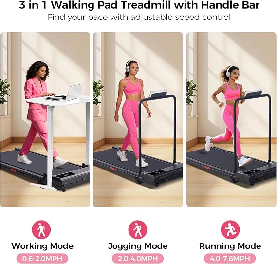 Portable Walking Pad Treadmill for Home, Treadmills with Handles | 3.0HP Compact Walking Pad Treadmill with Handle Bar, 0.6-7.6MPH Mini Walking Treadmill for Home Small, 350LB Capacity