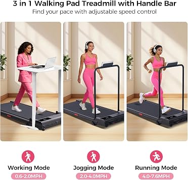 Portable Walking Pad Treadmill for Home, Treadmills with Handles | 3.0HP Compact Walking Pad Treadmill with Handle Bar, 0.6-7.6MPH Mini Walking Treadmill for Home Small, 350LB Capacity
