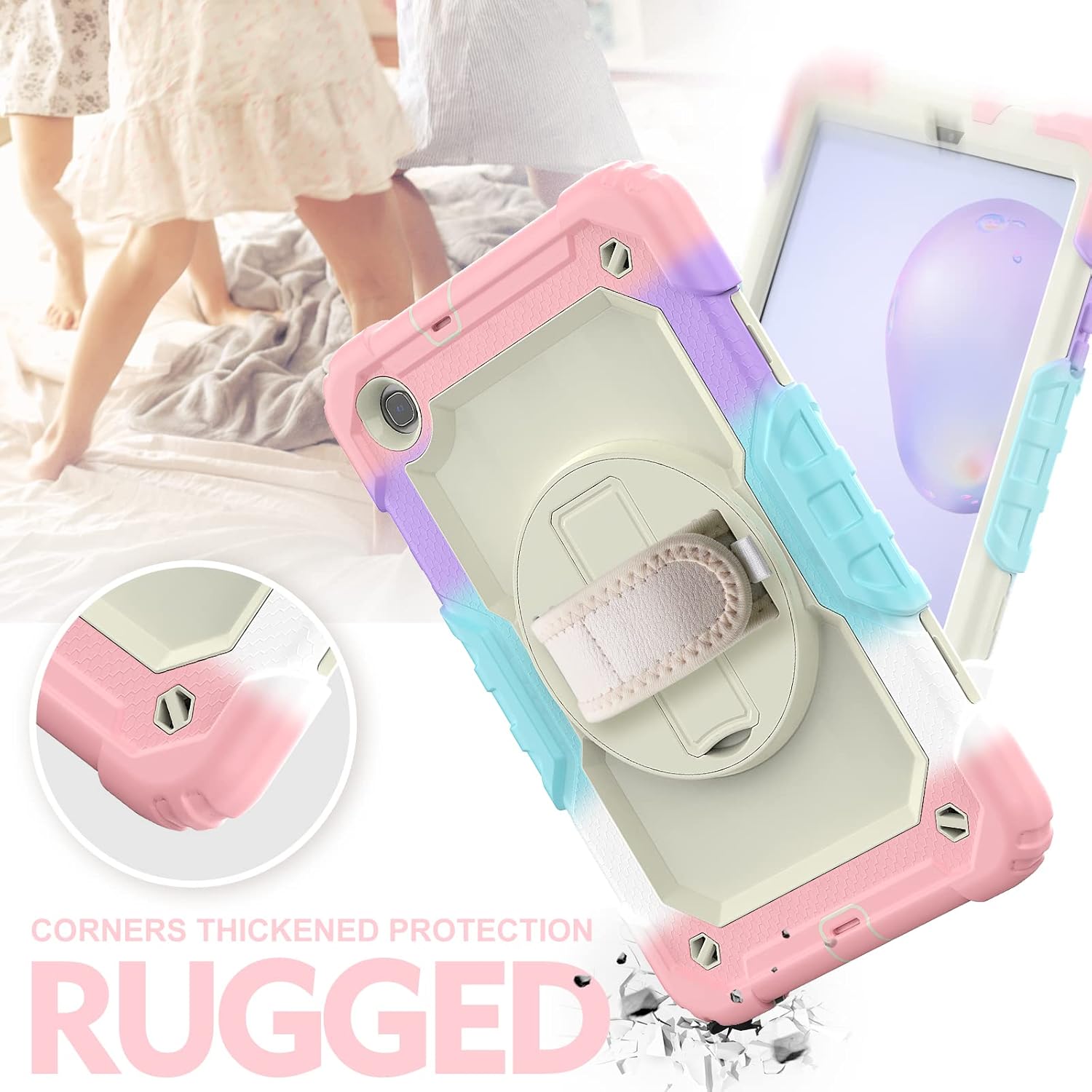 Heavy Duty Shockproof TPU Case for Samsung Galaxy Tab A 8.4 SM-T307/T307U 2020 Kids Case,Rugged Dropproof Protective Cover W Screen Protector+Rotating Kickstand+Handle+Shoulder Strap,Pink