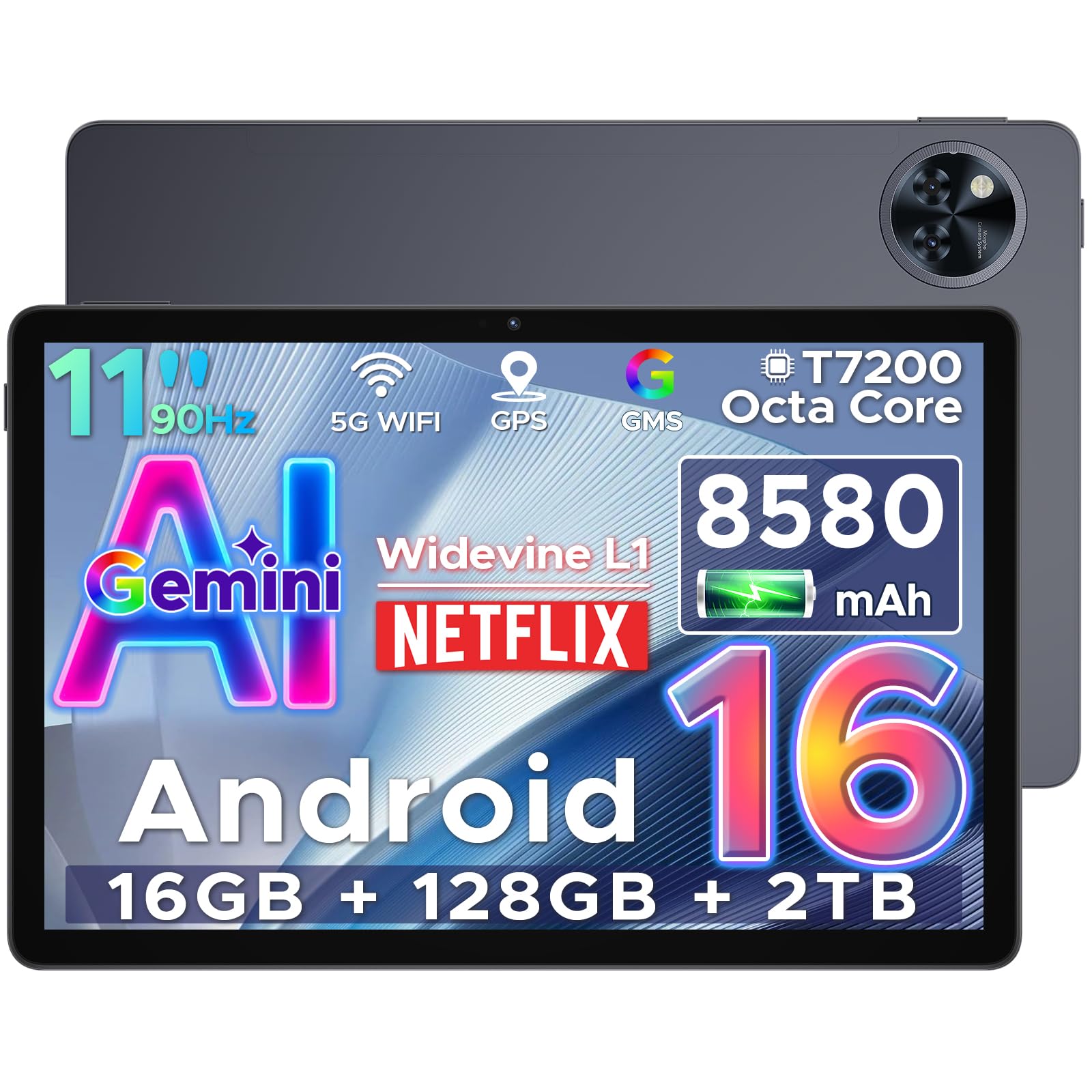 DOOGEETab U11 Tablet 11 Pollici Gemini AI, 8580mAh,Unisoc T7200, 16GB RAM +128GB ROM (2TB TF), 13MP+5MP Android 16 Tablet PC WIFI 5/ GMS/ WidevineL1/GPS/Face ID/OTG/ 3.5mm Audio,Grigio