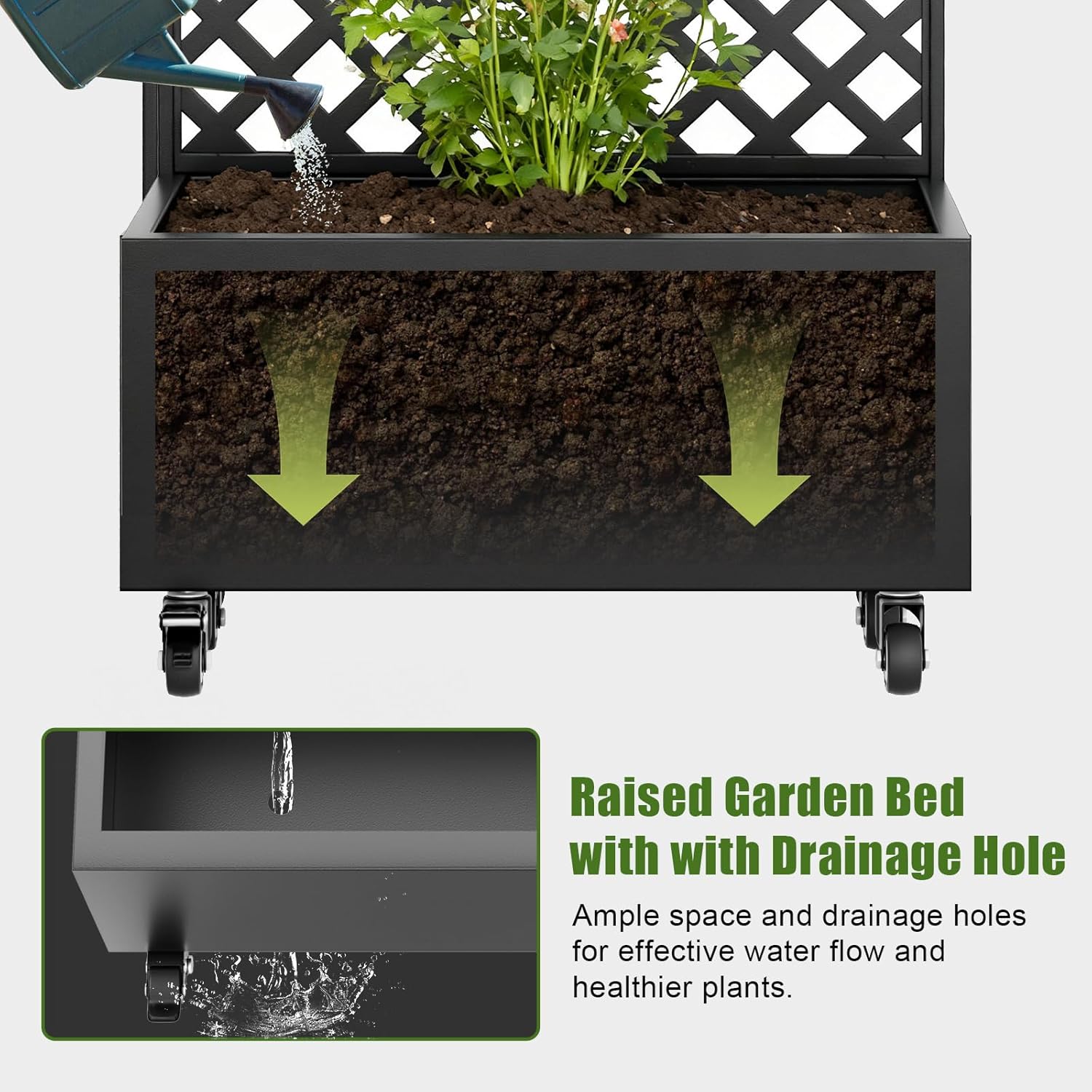 72" Metal Planter Box with Trellis Outdoor and Wheels,Planter with Trellis Privacy Screen, Raised Garden Bed with Trellis and Drainage Holes for Climbing Plants, Vegetables, Vines