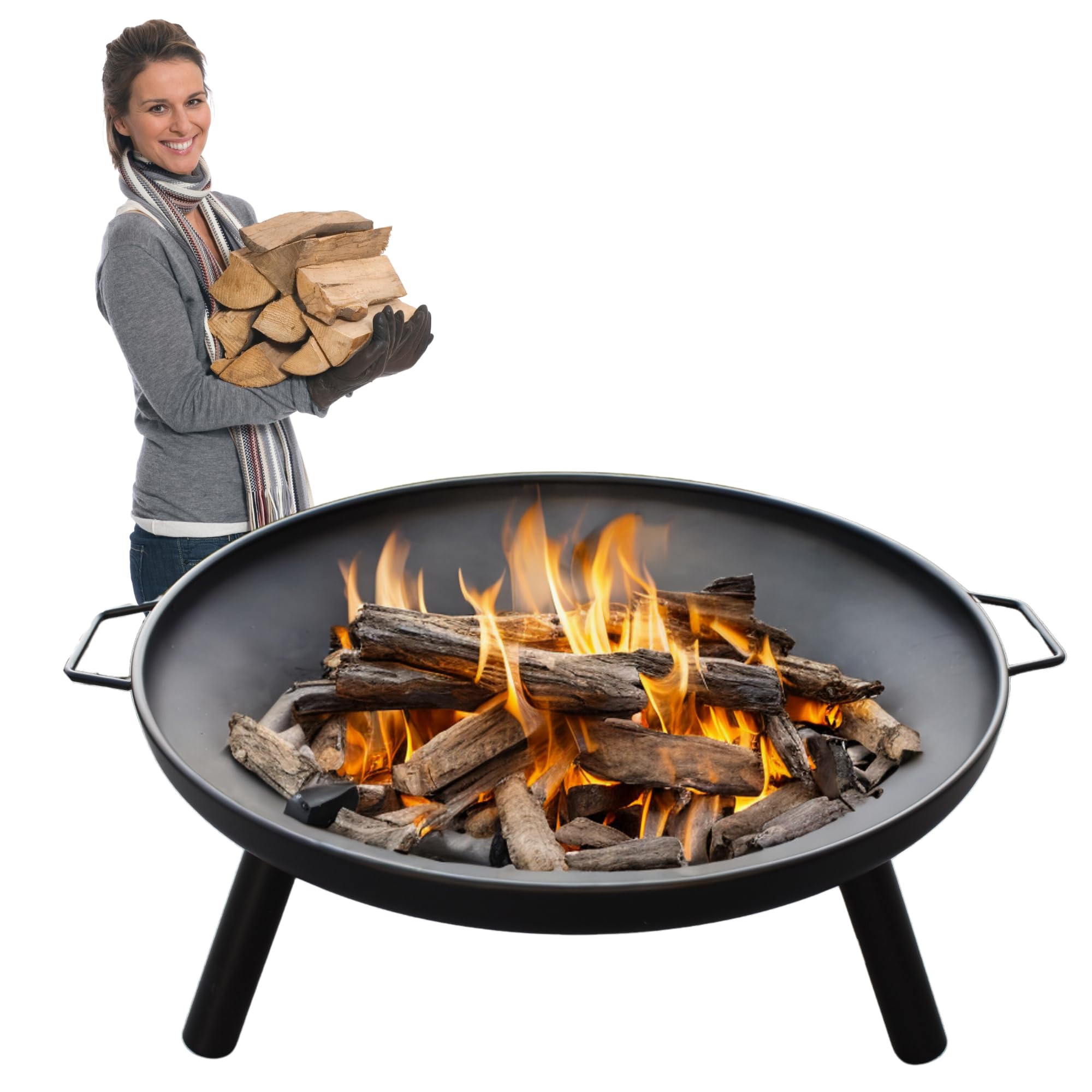 Feuerschale Feuerstelle Ø 60 cm für Lagerfeuer im Garten oder auf der Terrasse mit 2 Tragegriffen aus lackiertem Eisen feuerfest HLKauf-Block