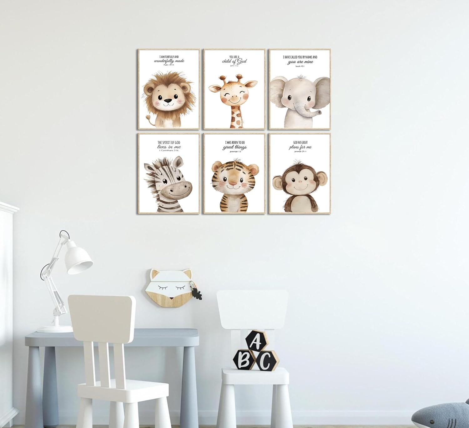 6Pcs Nursery Bible Verse Animal Wall Art Cute Woodland Animals Christian Picture Wall Decor Lions Elephant Giraffe Poster Print Artwork for Classroom BabyBedroom Boys Girls Home Decoration Unframed