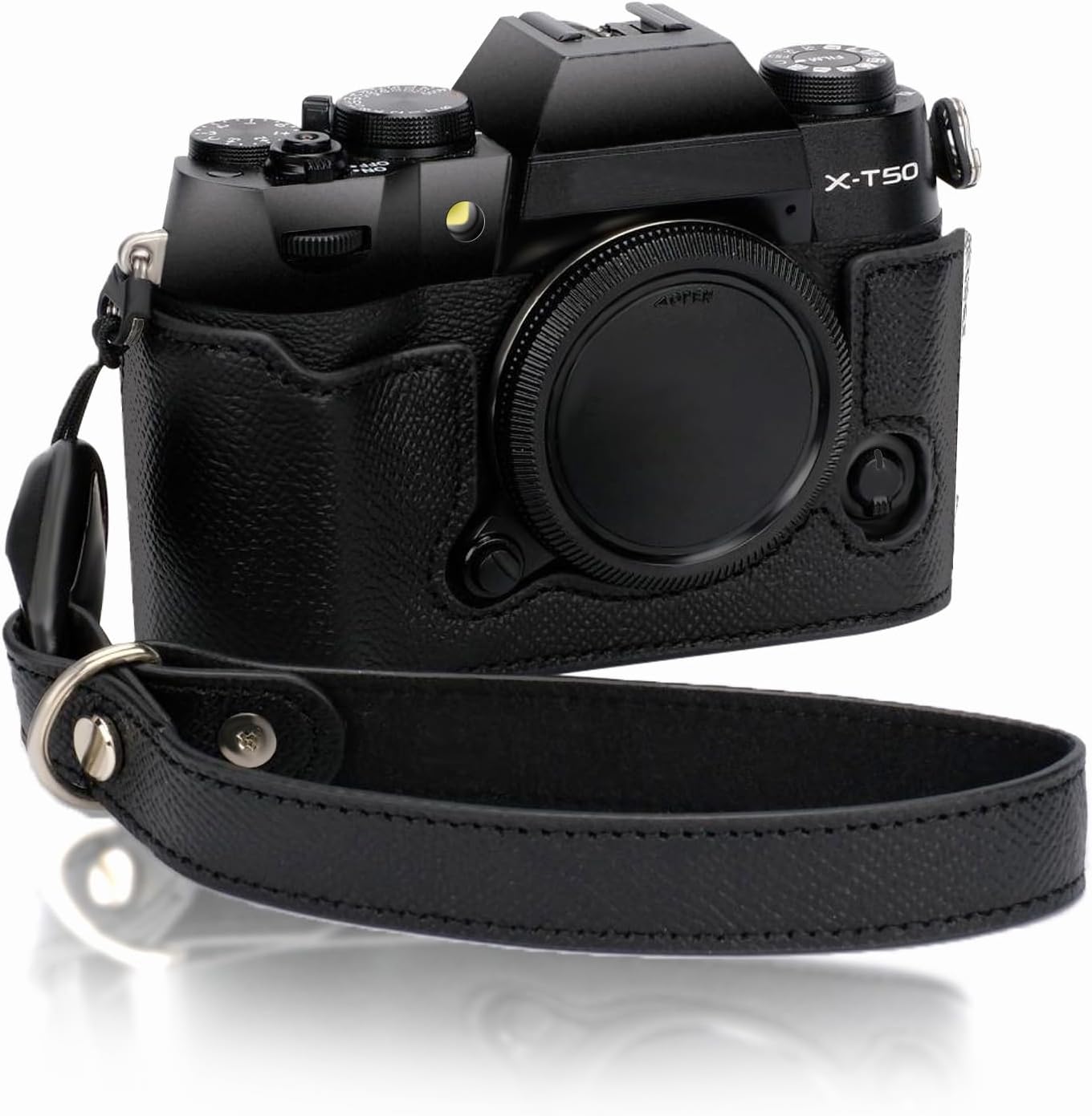 Bowan X-T50 Camera Case, Handmade Genuine Real Leather Half Camera Case Bag Cover for X-T50 Camera Bottom Opening Version + Hand Strap (Black)