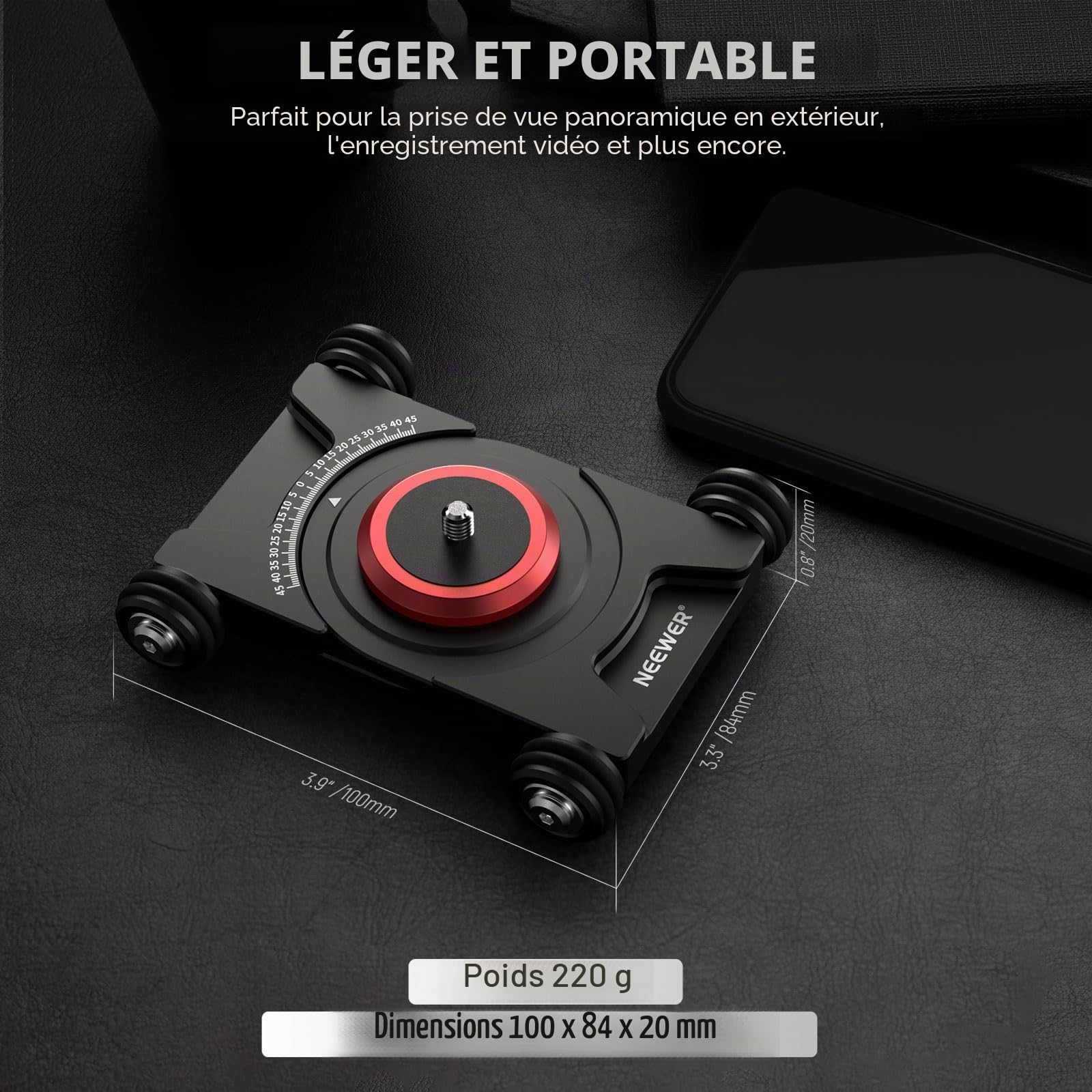 NEEWER Dolly SD001 Appareil Photo Coulissant avec rotule et Pince pour téléphone Portable 4 Roues panoramique à 360° Compatible avec caméra sans Miroir Mini Caméscope GoPro iPhone et téléphones