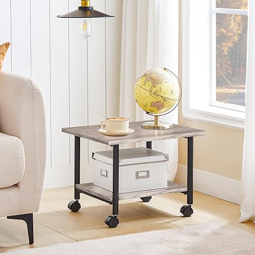 Vista 9 de HOOBRO Printer Stand, 2-Tier Industrial Under Desk Printer Cart with Shelf, Mobile Heavy Duty Storage Rack on Wheels for Home, Office, Grey and Grey