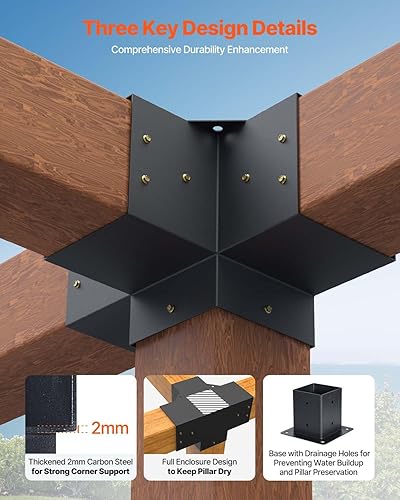 Miniatura 75 de VEVOR Kit de soporte para pérgola de 6 x 6 pulgadas (tamaño interior 5.6 x 5.6), 4 piezas de soporte de esquina resistente de 3 vías, kit de base