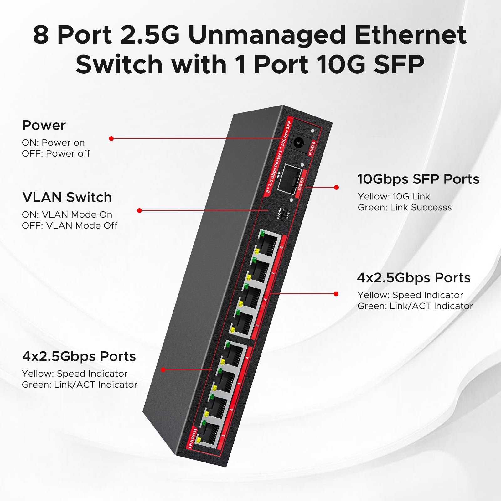 Przełącznik 2,5 G, 9 portów, z 8 portami 2,5 GB i gniazdem SFP 1x10G, funkcja VLAN, Ethernet, przełącznik sieciowy Gigabit, pojemność 60 Gb/s, rozdzielacz | Plug & Play | Metalowa konstrukcja