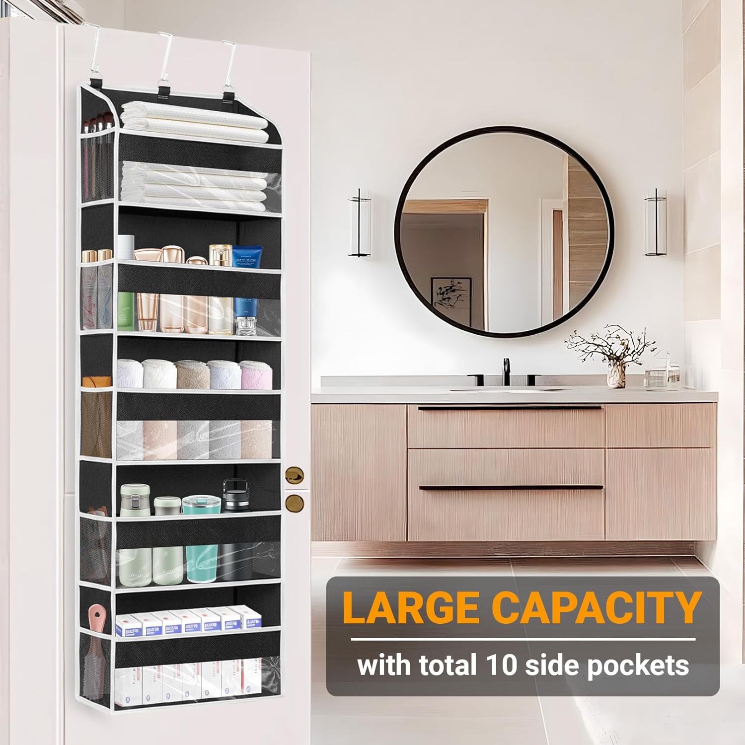 Over The Door Organizer-5 Layers Large Pockets, Heavy Duty Door Organizer Hanging Storage, 10 Mesh Side Pockets & Clear Window for Bedroom, Bathroom,Kitchen,Nursery, Pantry,Dorm Holds Shoes(Black)