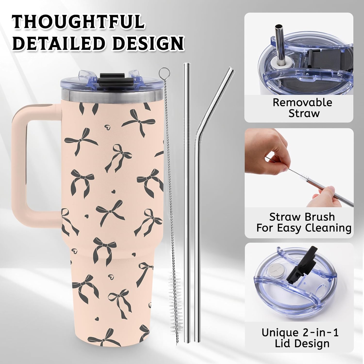 40 Oz Bows Tumbler Gifts for Women, Black Bows Water Bottle with Handle and Straw, Stainless Steel Coffee Travel Mug Cup, Christmas Birthday Gifts for Her, Daughter, Friends - Image 3